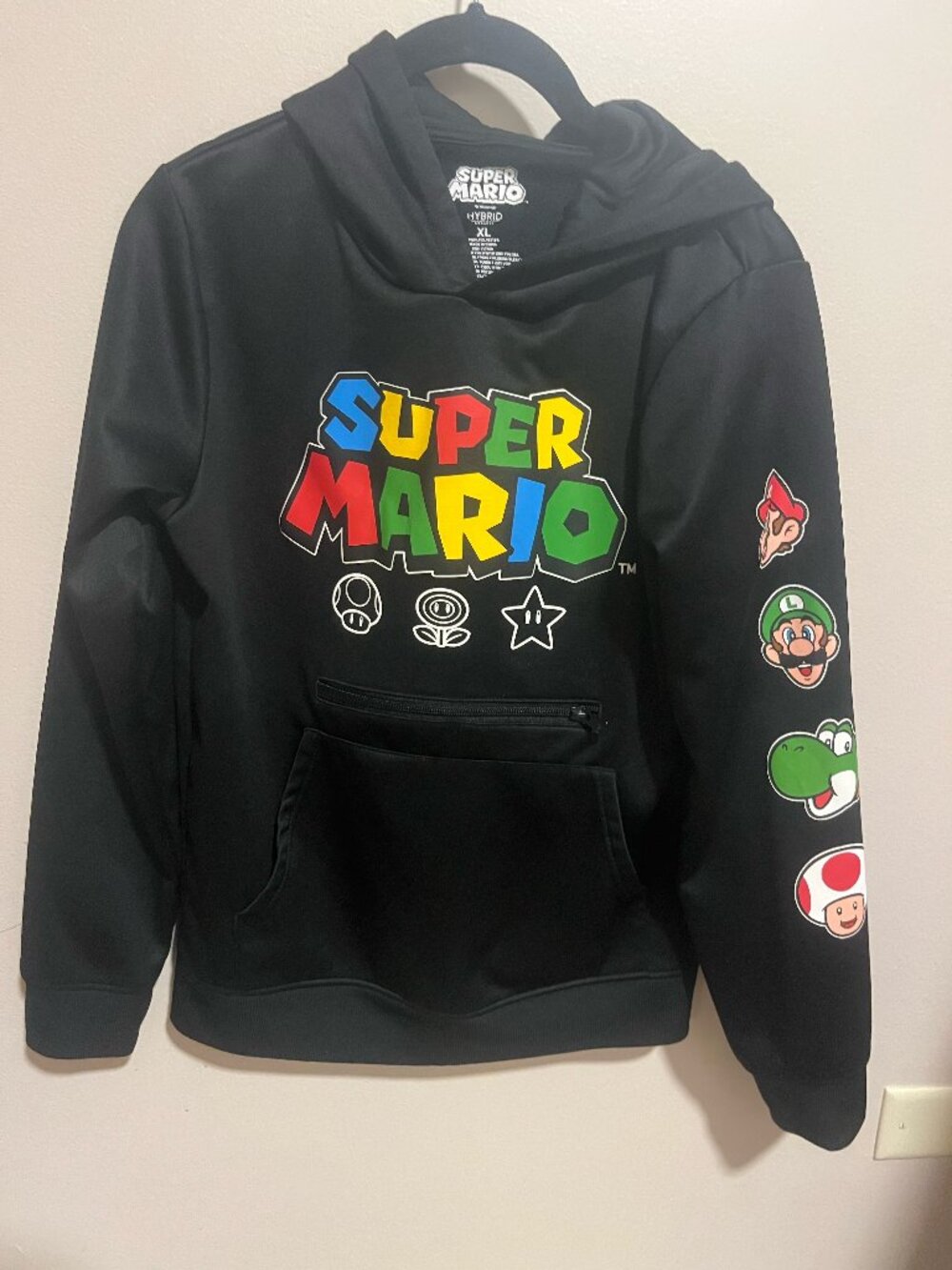 Nintendo Super Mario Kids Hoodie Black Pullover Luigi Yoshi Toad Sleeve XL